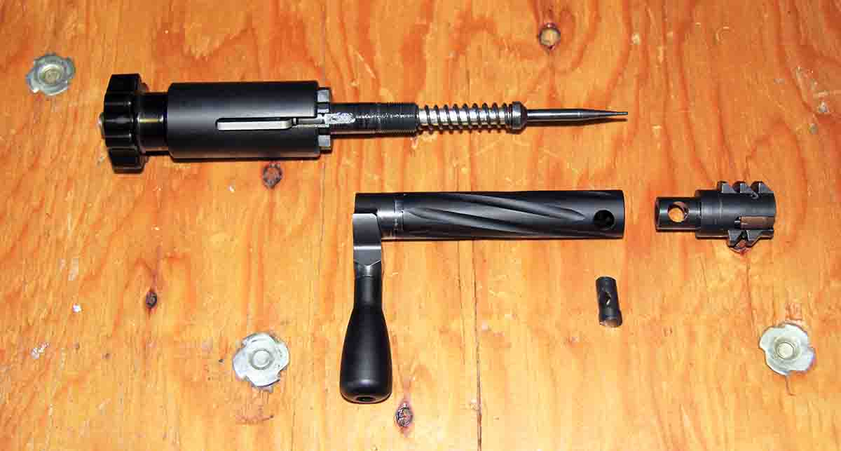 A special tool is supplied with each Hardy Rifle that allows depressing the striker spring for disassembly. Bolt heads can be swapped out to match barrel changes, allowing a single rifle to shoot many cartridges.